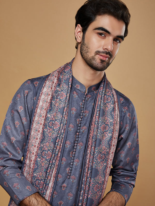 Grey Silk Printed Kurta Churidar with Dupatta