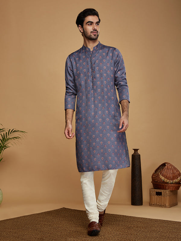 Grey Silk Printed Kurta Churidar with Dupatta