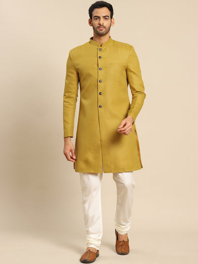 Men Mustard Yellow Solid Indowestern Churidar Set